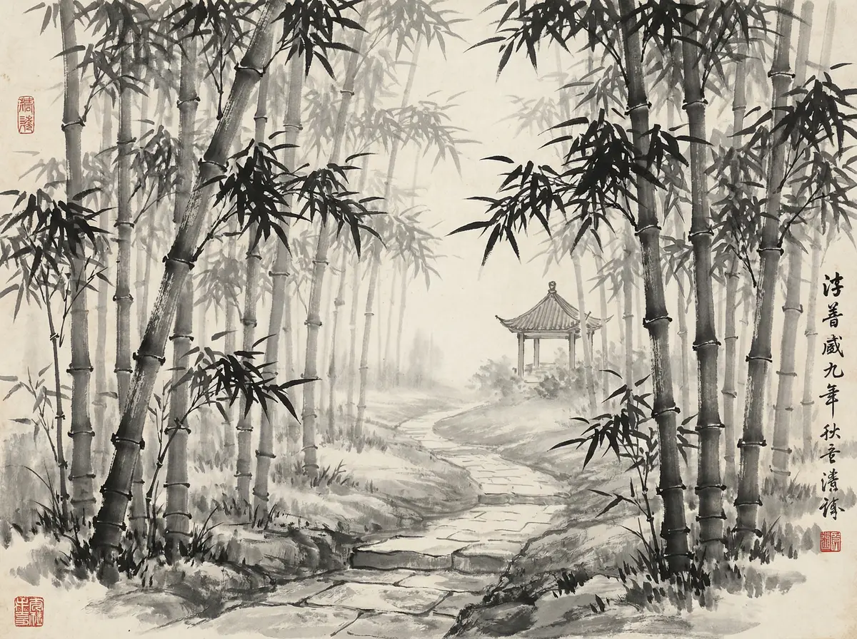 赌博平台金沙国际竹林小径水墨画展示宁静禅意