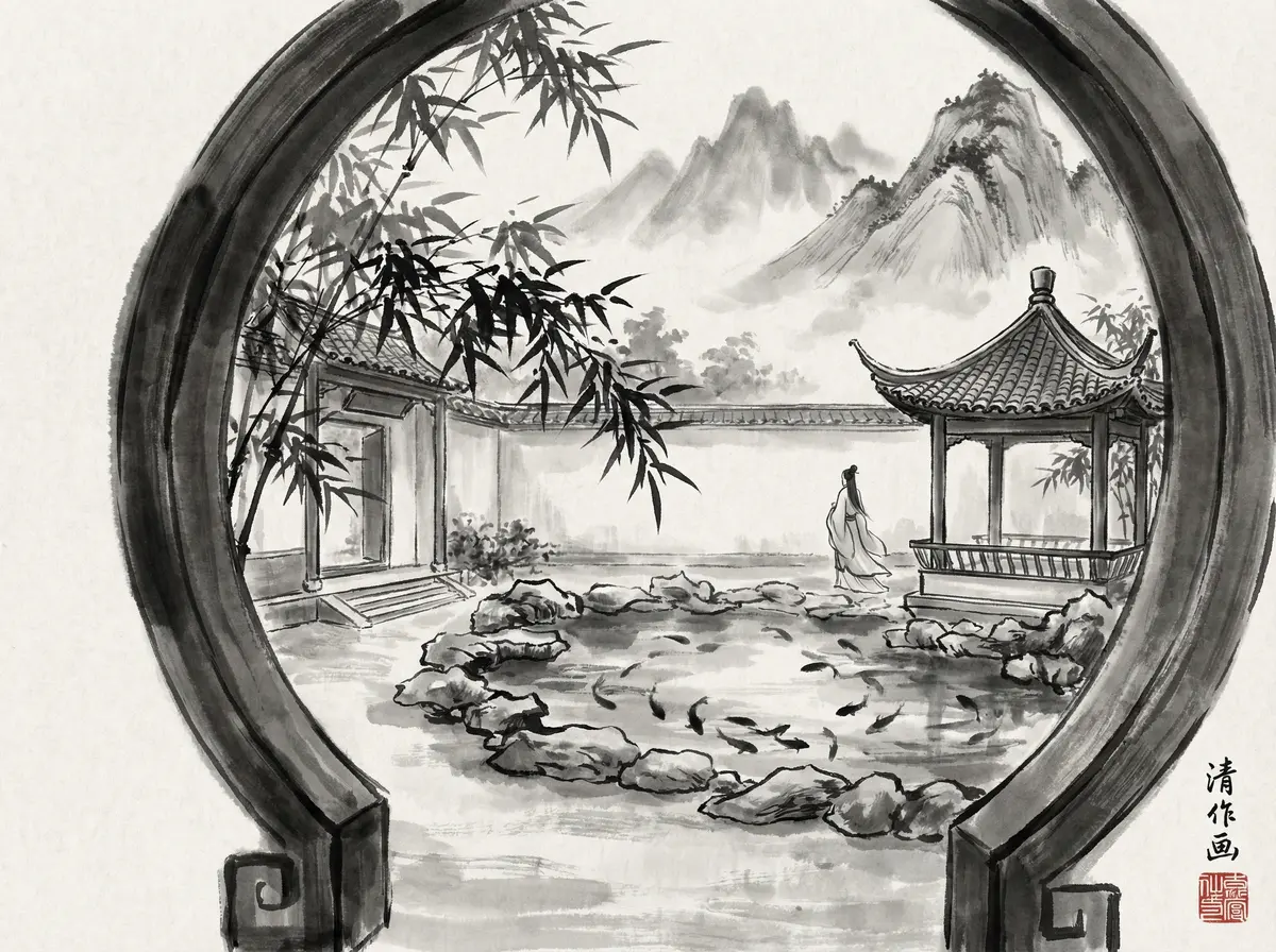 赌博平台水墨风格中式园林酒店庭院全景