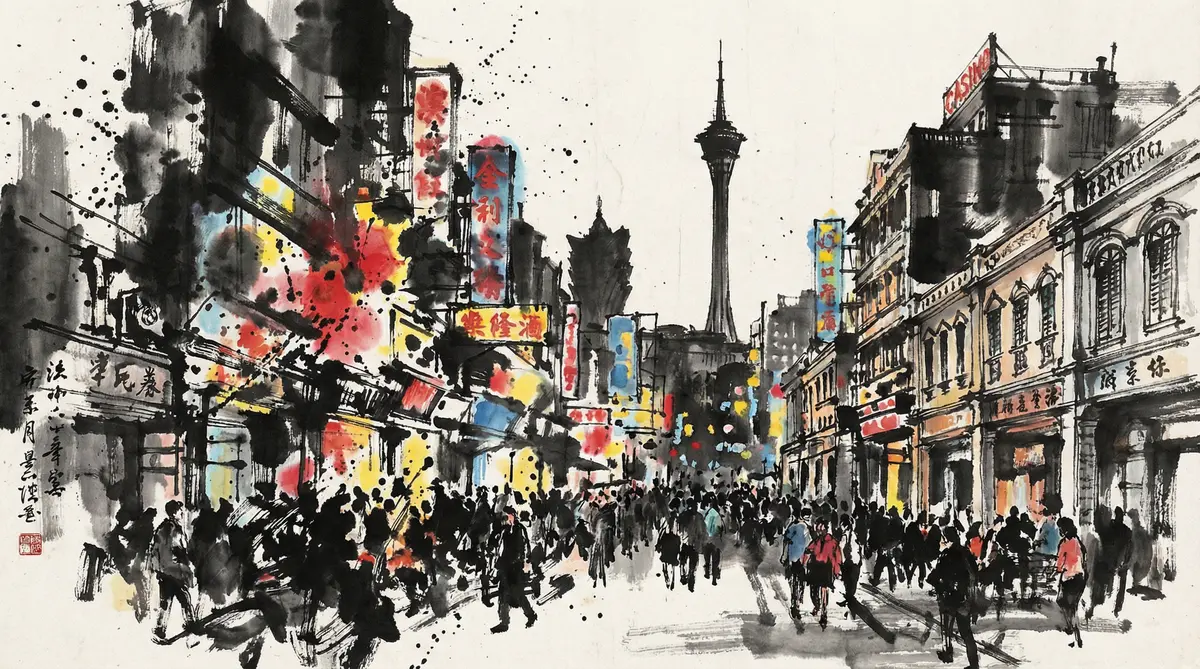 赌博平台澳门娱乐城繁华夜景水墨画