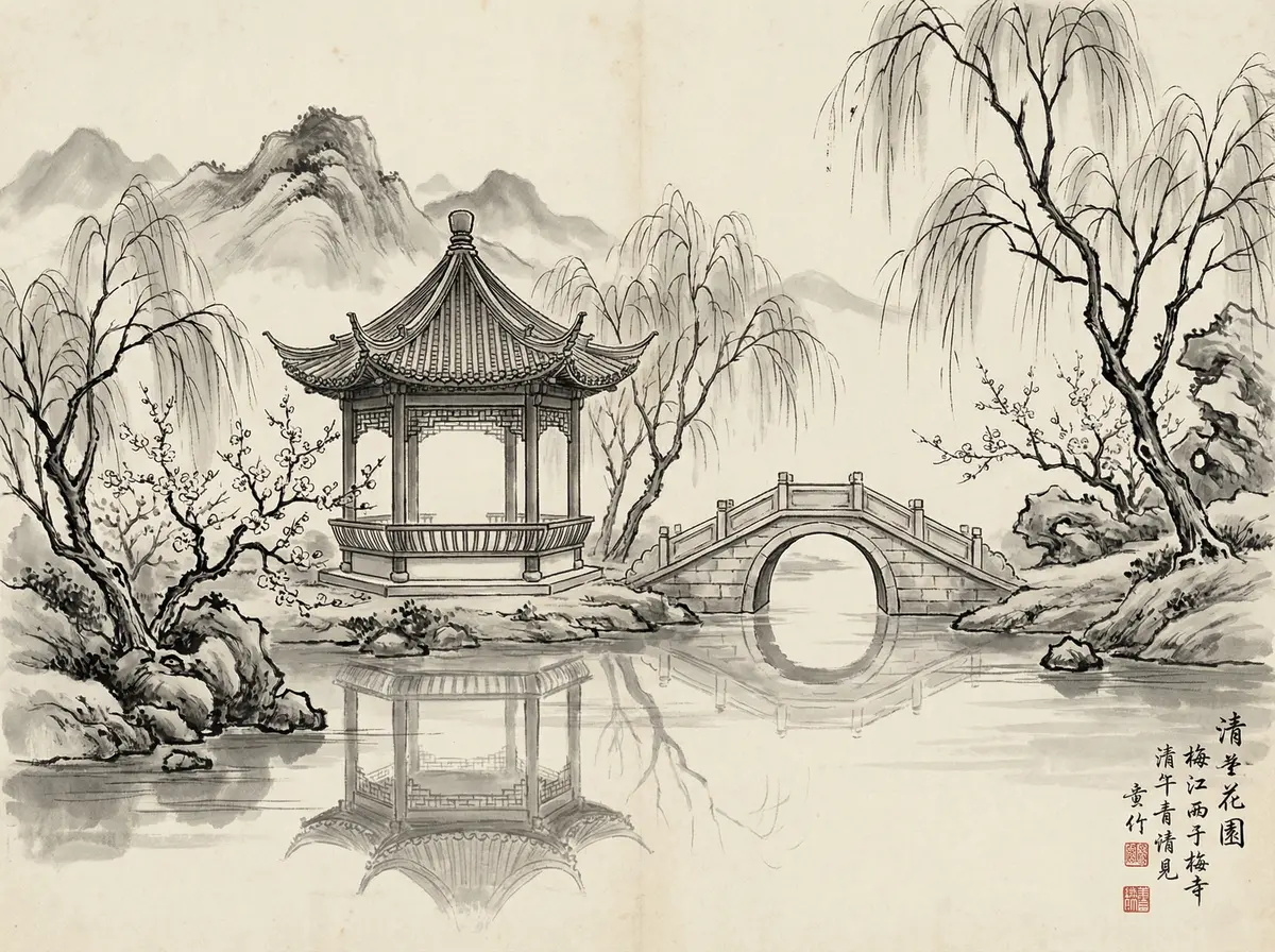 赌博平台水墨画中的亭台楼阁与石桥倒影