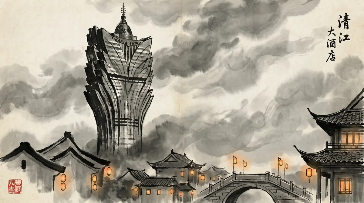 赌博平台澳门新葡京酒店水墨画全景