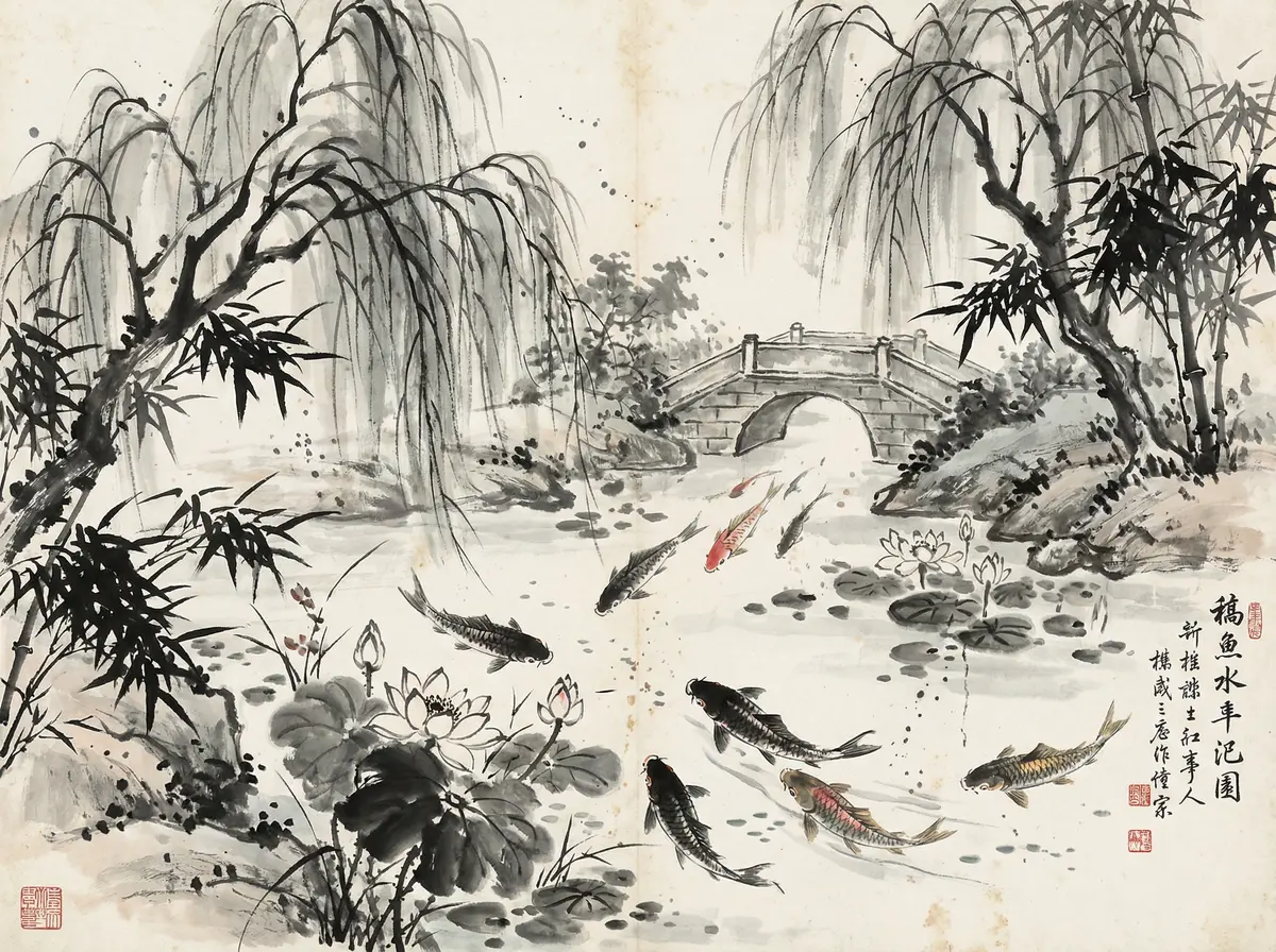 赌博平台金沙国际锦鲤池水墨画展示东方园林元素