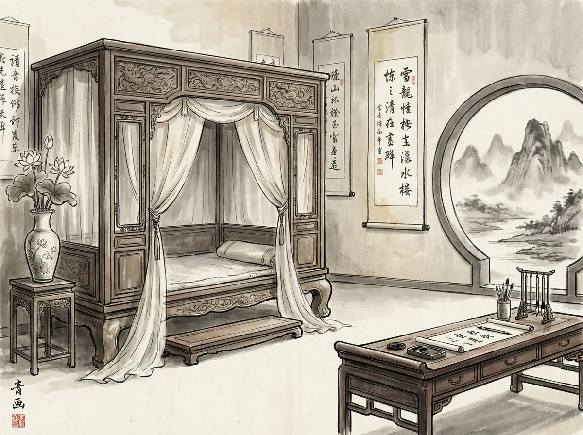 赌博平台水墨主题豪华客房内景展示红木家具与书法挂轴