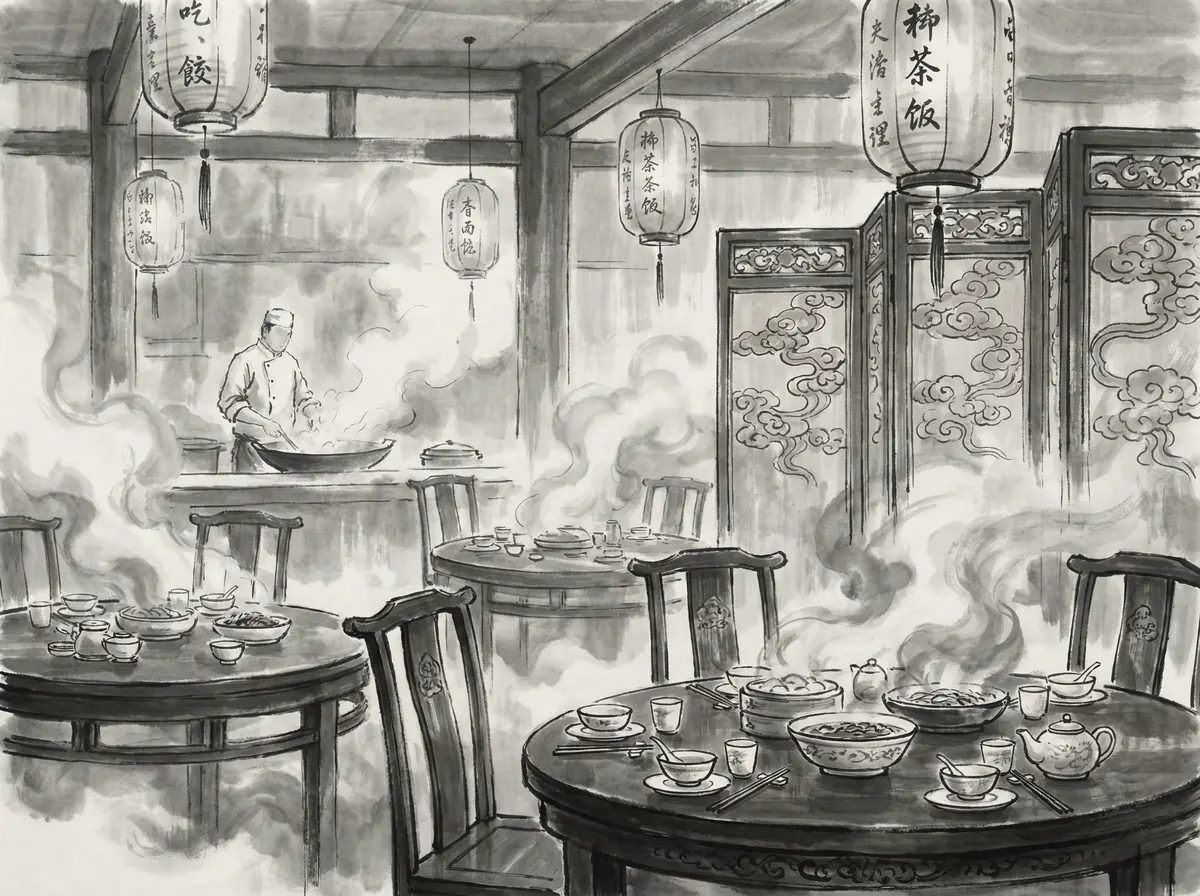 赌博平台墨香食府水墨风格中餐厅内景展示传统瓷器餐具与雕花屏风