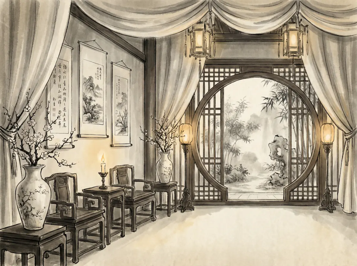 赌博平台丝绸帷幔园林景观客房展示月洞门与竹林景致