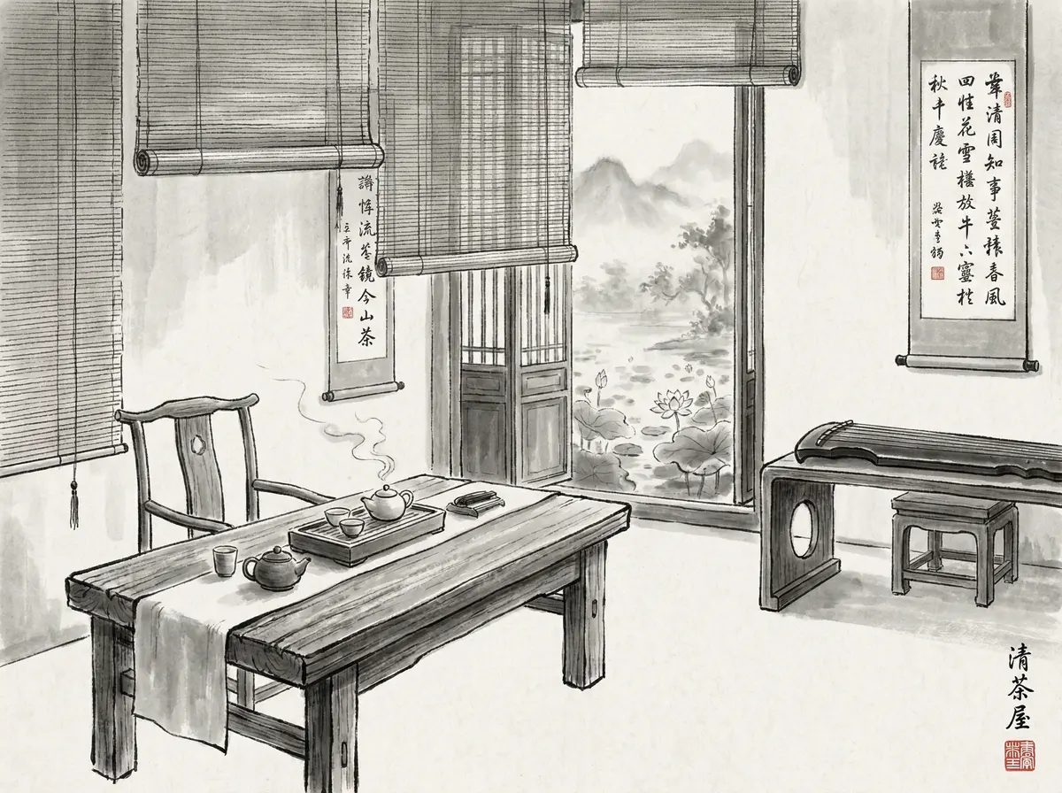 赌博平台听雨轩茶室水墨画风格展示功夫茶具与古琴