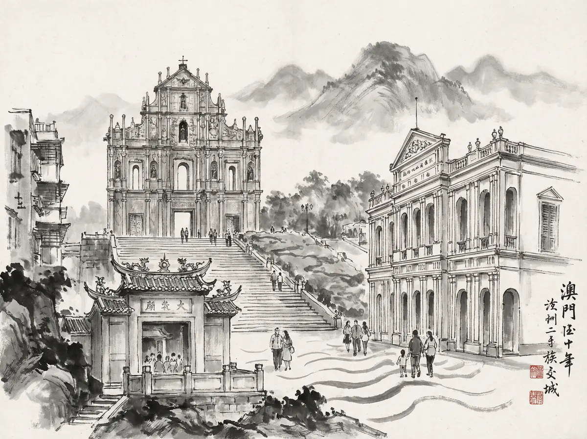 赌博平台推荐澳门大三巴牌坊水墨画风格旅游景点